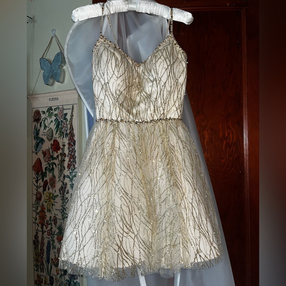 Glittery gold and cream flared mini dress with pearl detail